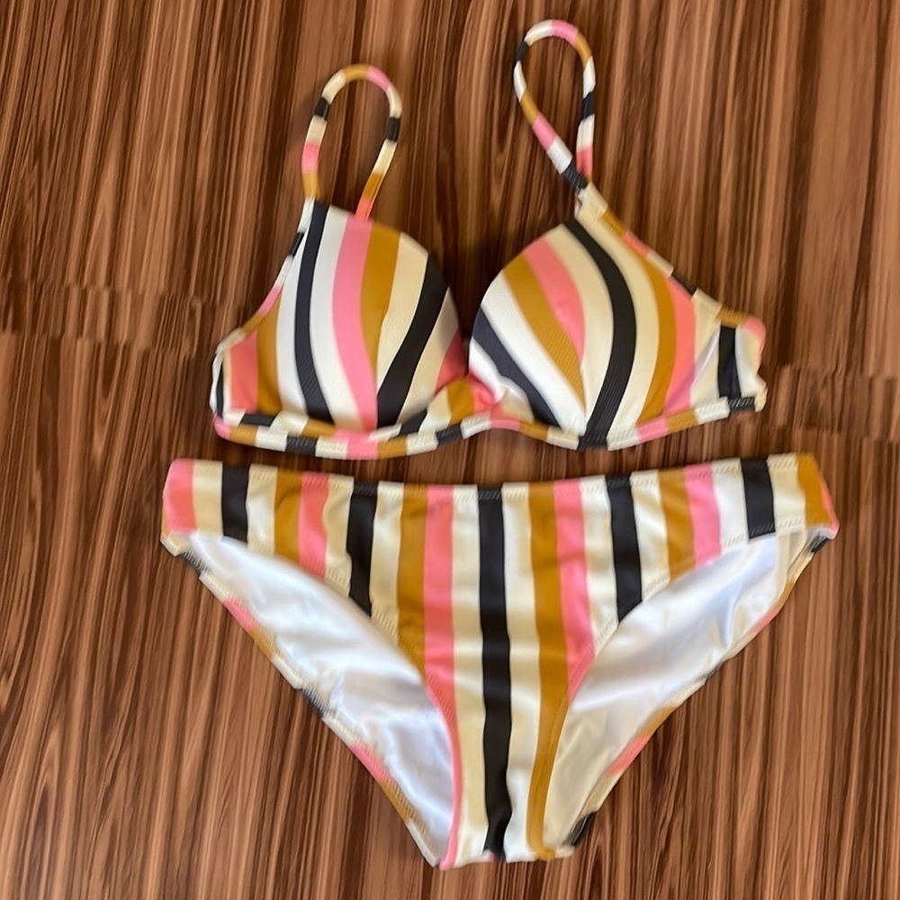Shade & Shore Pink, Yellow, Black & White Striped Bikini Set
